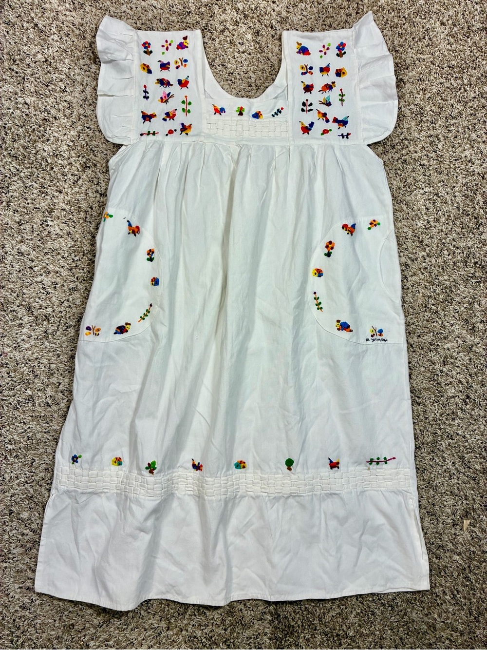 Handmade Cotton Mexican Embroidered Flutter Sleeve Flower Birds Detail Dress
